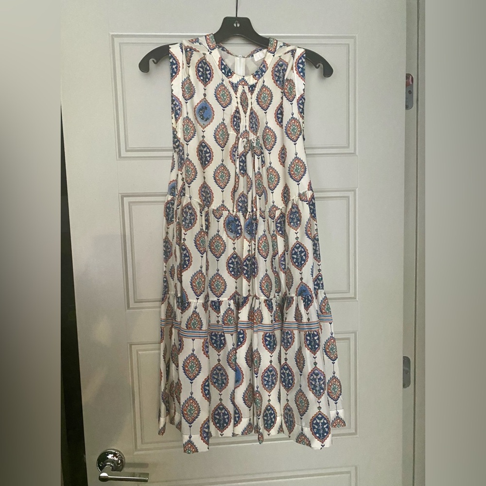 CHLOÉ Tiered Ceramic Print Babydoll Silk Mini Dress Paisley White Blue Sz 42 10 - Picture 8 of 11